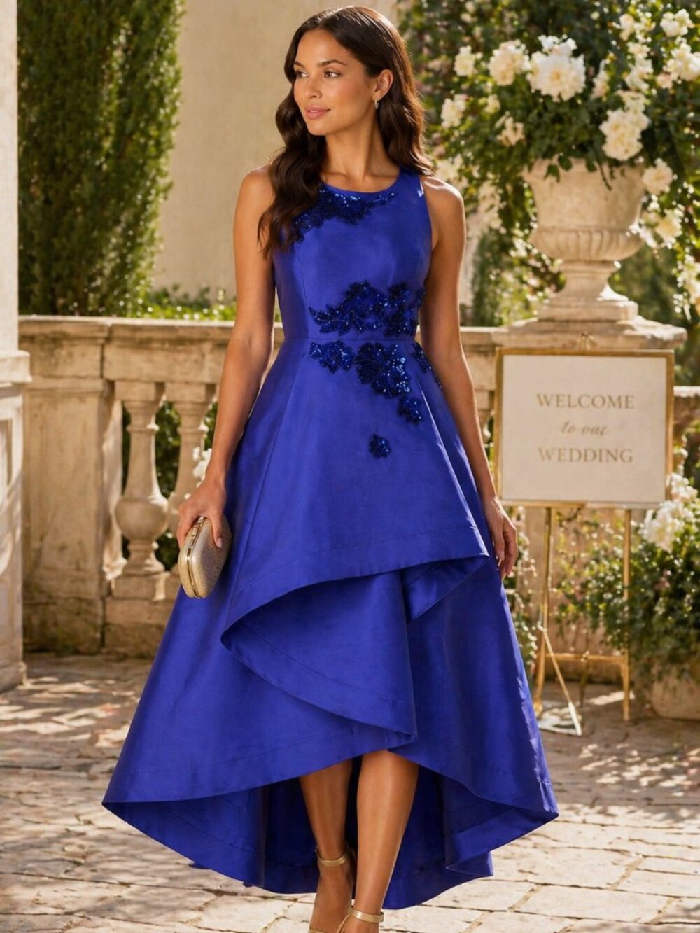 Adrianna Papell Beaded Mikado High Low Dress Blue 16 NWT Formal